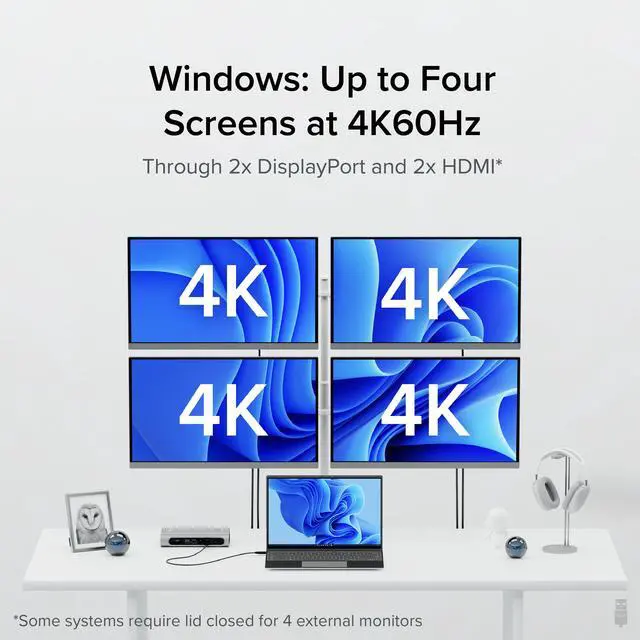 Alt view image 3 of 8 - Plugable Thunderbolt 4 Dock with 100W PD, 4K Quad Monitor Setup for Thunderbolt 4 Windows Laptops, 16-in-1 Docking Station with 2x HDMI, 2x DisplayPort, 2.5G Ethernet, 7x USB, SD