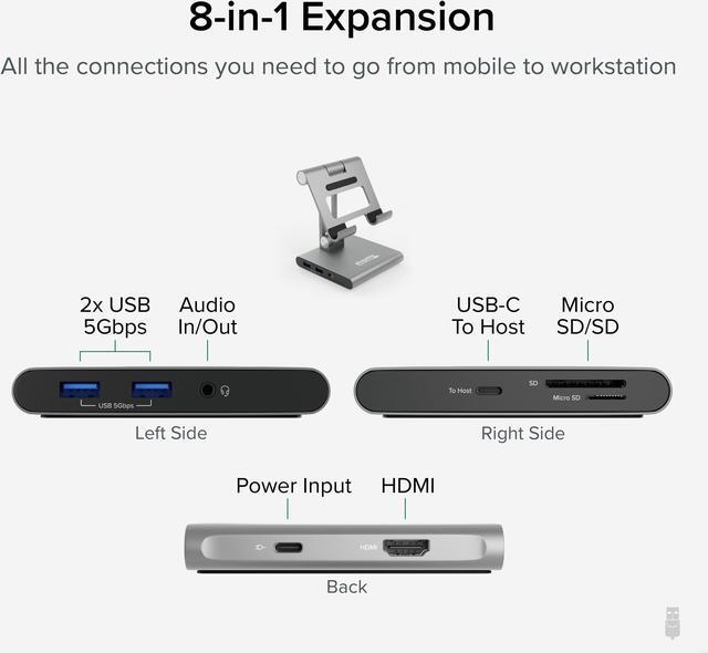 Alt view image 3 of 15 - Plugable 8-in-1 USB C Docking Station for iPad with Stand, 100W Pass-through Charging USB-C Hub, 1x HDMI, 2x USB, Audio, and SD, Compatible with Windows, iPadOS, USB-C Phones, and Tablets