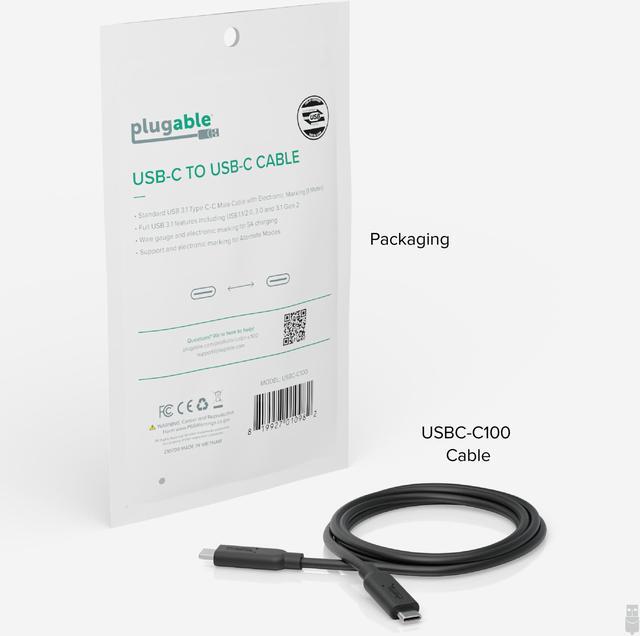 Alt view image 4 of 13 - Plugable 10Gbps USB C to USB C Cable, 3.3 feet (1 Meter), 5A, USB-IF Certified, USB 3.1 Gen 2 Type-C - Driverless
