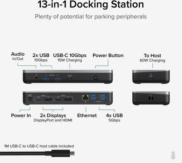 Alt view image 2 of 7 - Plugable 12-in-1 Dual 4K USB C Docking Station, Works With Chromebook Certified, 60W Charging Dock, Compatible with ChromeOS and Windows, 2x HDMI, 2x DisplayPort, 1x Ethernet, 1x USB-C, 6x USB, Audio