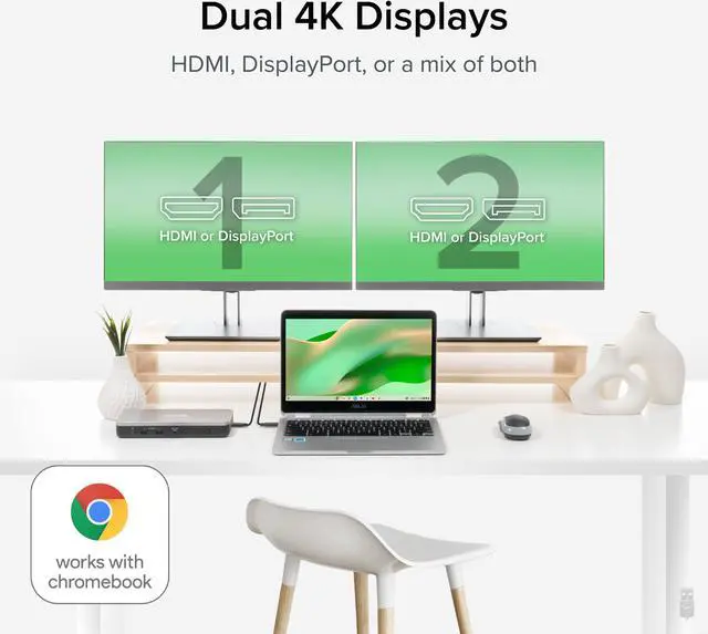 Alt view image 3 of 7 - Plugable 12-in-1 Dual 4K USB C Docking Station, Works With Chromebook Certified, 60W Charging Dock, Compatible with ChromeOS and Windows, 2x HDMI, 2x DisplayPort, 1x Ethernet, 1x USB-C, 6x USB, Audio