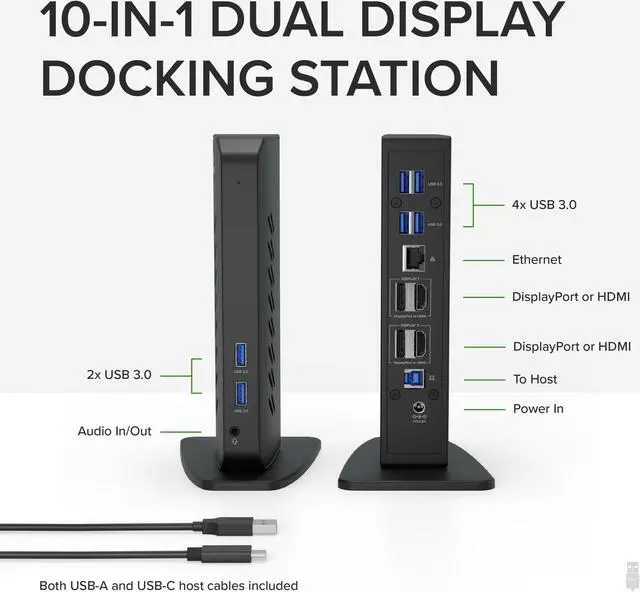 Alt view image 2 of 8 - Plugable USB 3.0 and USB-C Dual 4K Display Docking Station with DisplayPort and HDMI for Windows and Mac (Dual 4K DisplayPort & HDMI, Gigabit Ethernet, Audio, 6 USB Ports) Vertical