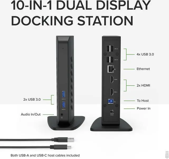 Alt view image 2 of 15 - Plugable USB 3.0 and USB-C Universal Laptop Docking Station for Windows and Mac (Dual Video HDMI, Gigabit Ethernet, Audio, 6 USB Ports)