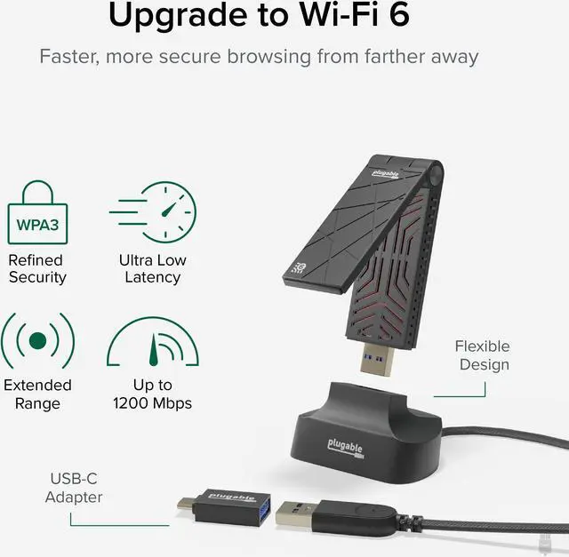 Alt view image 2 of 7 - Plugable WiFi 6 USB WiFi Adapter for Desktop PC and Laptops, AX1800 USB 3.0 and USB C Wireless Adapter with 2.4 GHz + 5GHz Dual Band Connection for Windows 10/11