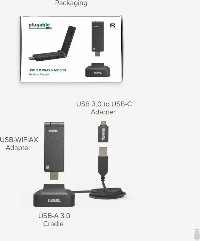 Alt view image 7 of 7 - Plugable WiFi 6 USB WiFi Adapter for Desktop PC and Laptops, AX1800 USB 3.0 and USB C Wireless Adapter with 2.4 GHz + 5GHz Dual Band Connection for Windows 10/11