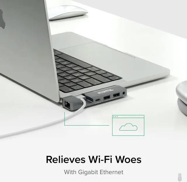 Alt view image 7 of 8 - Plugable 5-in-1 USB C Hub Multiport Adapter for MacBook Pro 14/16 Inch and Macbook Air M2, Supports Magsafe Charger (40Gbps with 100W USB-C Pass-through, Gigabit Ethernet, 2x USB Ports, Audio)