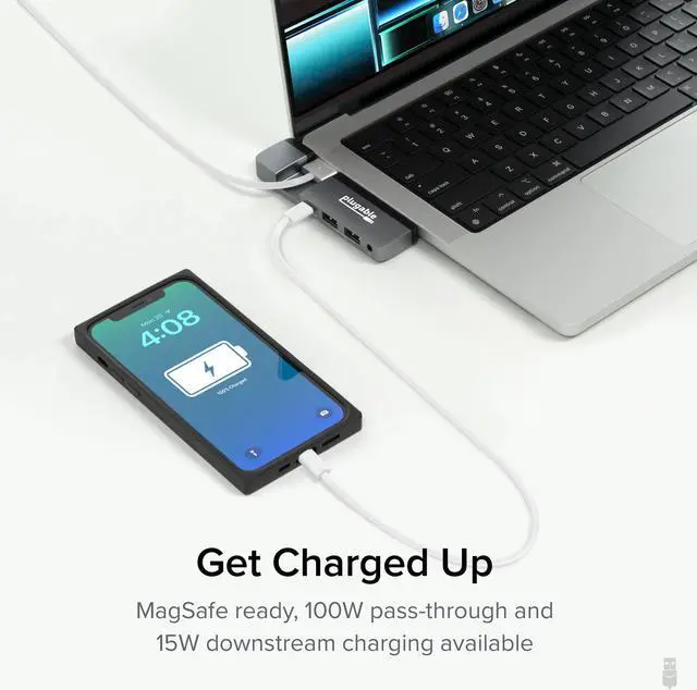 Alt view image 6 of 8 - Plugable 5-in-1 USB C Hub Multiport Adapter for MacBook Pro 14/16 Inch and Macbook Air M2, Supports Magsafe Charger (40Gbps with 100W USB-C Pass-through, Gigabit Ethernet, 2x USB Ports, Audio)