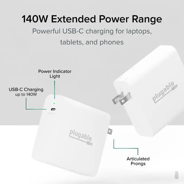 Alt view image 2 of 8 - Plugable 140W USB C Charger, GaN Wall Charger for Laptop, PD 3.1 (EPR) Power Adapter is Compatible with USB-C MacBook Pro, Macbook Air iPad Pro, Surface and USB-C Devices, Compact and Portable Charger