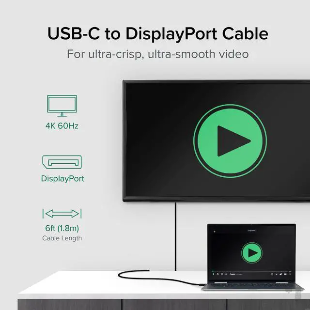 Alt view image 2 of 7 - Plugable USB C to DisplayPort Cable 6 feet (1.8m), Up to 4K at 60Hz, USB C DisplayPort Cable - Compatible with Thunderbolt and USB-C - Driverless