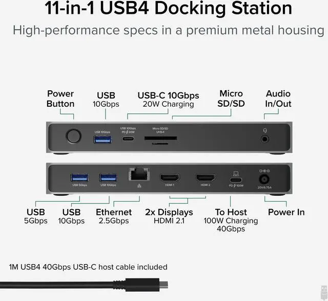 Alt view image 2 of 8 - Plugable USB C Docking Station Dual Monitor, 11-in-1, USB4 40G 100W Laptop Charging Dock for Windows and Thunderbolt, 4K HDMI 2.1 120Hz, 2.5Gbps Ethernet, SD Reader, 20W USB-C Charging - Driverless