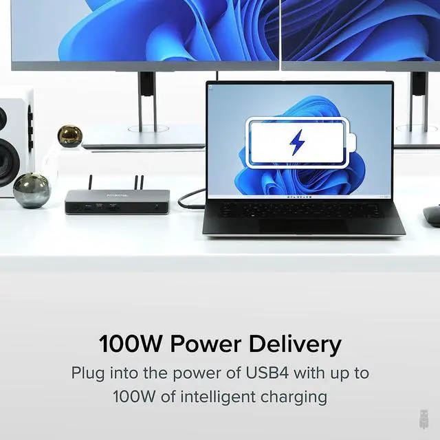 Alt view image 4 of 8 - Plugable USB C Docking Station Dual Monitor, 11-in-1, USB4 40G 100W Laptop Charging Dock for Windows and Thunderbolt, 4K HDMI 2.1 120Hz, 2.5Gbps Ethernet, SD Reader, 20W USB-C Charging - Driverless