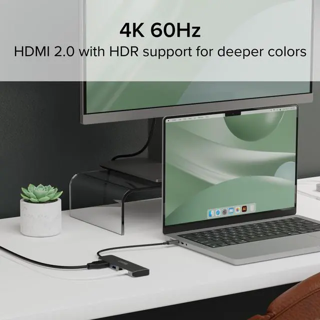 Alt view image 3 of 7 - Plugable USB C Hub Multiport Adapter, 4 in 1, 100W Pass Through Charging, USB C to HDMI 4K 60Hz, Multi USB Port Hub for Windows, Mac, Ipad Pro, Chromebook, Thunderbolt (USBC-4IN1)