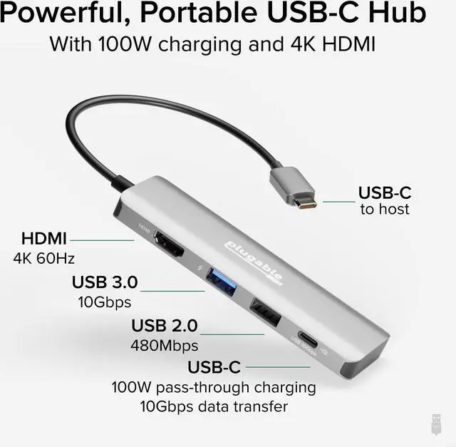 Alt view image 2 of 7 - Plugable USB C Hub Multiport Adapter, 4 in 1, 100W Pass Through Charging, USB C to HDMI 4K 60Hz, Multi USB Port Hub for Windows, Mac, Ipad Pro, Chromebook, Thunderbolt (USBC-4IN1)