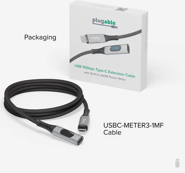 Alt view image 7 of 7 - Plugable USB C Extension Cable 3.3 Ft, Digital Power Meter Tester for Monitoring USB-C Connections, Supports Fast Charging up to  240W, 4K 60Hz Display, 10Gbps Data Transfer, Digital Multimeter Tester