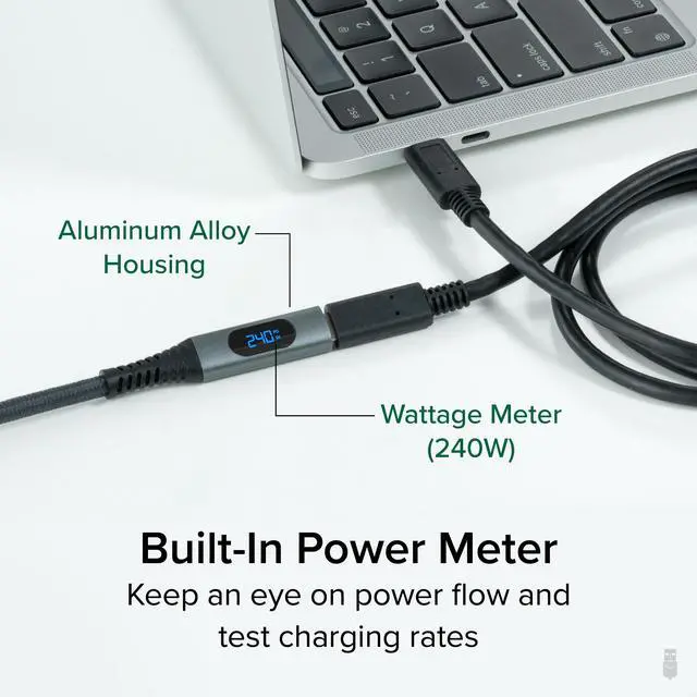 Alt view image 3 of 7 - Plugable USB C Extension Cable 3.3 Ft, Digital Power Meter Tester for Monitoring USB-C Connections, Supports Fast Charging up to  240W, 4K 60Hz Display, 10Gbps Data Transfer, Digital Multimeter Tester