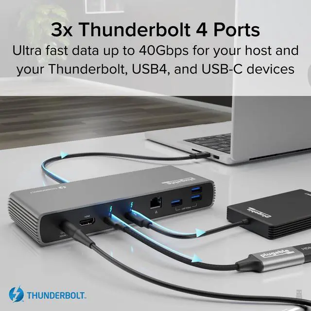 Alt view image 5 of 8 - Plugable Thunderbolt 4 Dock with 100W Charging, Thunderbolt Certified, 3x Thunderbolt Ports, Laptop Docking Station Dual Monitor Single 8K or Dual 4K Monitor, 2.5G Ethernet, 1x SD, 4x USB