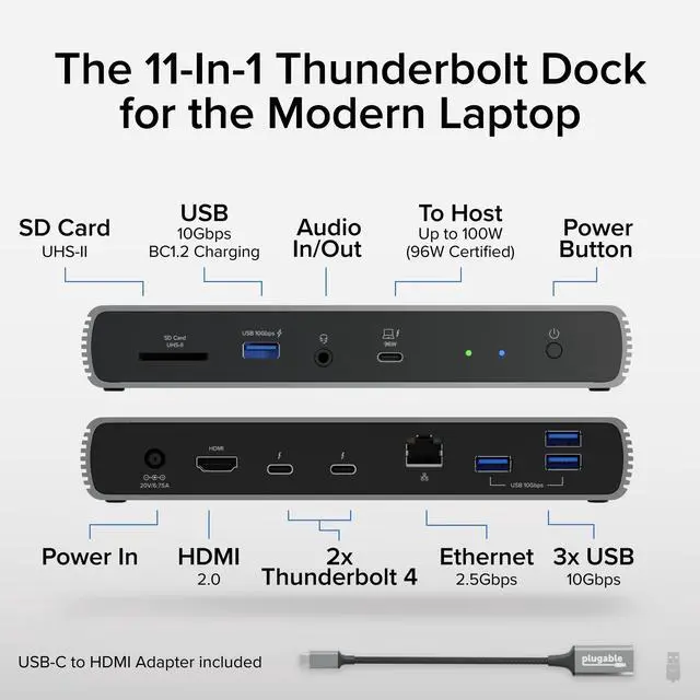 Alt view image 2 of 8 - Plugable Thunderbolt 4 Dock with 100W Charging, Thunderbolt Certified, 3x Thunderbolt Ports, Laptop Docking Station Dual Monitor Single 8K or Dual 4K Monitor, 2.5G Ethernet, 1x SD, 4x USB