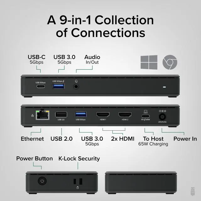 Alt view image 2 of 8 - Plugable USB C Docking Station Dual Monitor 2 HDMI Ports, Laptop Charging, Dual 4K Monitor for Windows, ChromeOS, 1x USB-C, 3x USB, Ethernet, and Audio - Driverless (UD-MSTH2)