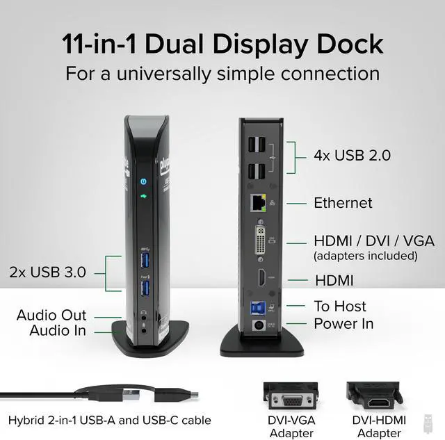 Alt view image 2 of 14 - Plugable USB 3.0 Universal Laptop Docking Station Dual Monitor for Windows and Mac, USB 3.0 or USB-C, (Dual Video: HDMI and HDMI/DVI/VGA, Gigabit Ethernet, Audio, 6 USB Ports)