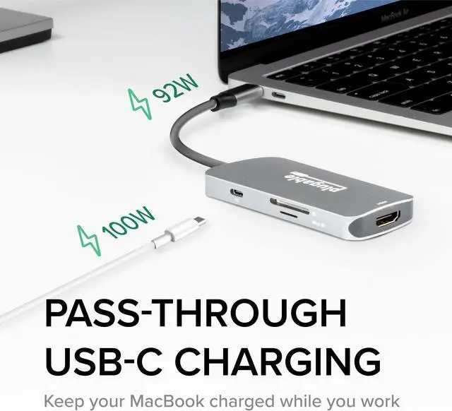 Alt view image 5 of 7 - Plugable USB-C Hub 7-in-1, Driverless USB C Hub Compatible with Mac, Windows, Chromebook, USB4, Thunderbolt 4, and More (4K HDMI, 3 USB 3.0, SD & microSD Card Reader, 100W Charging)