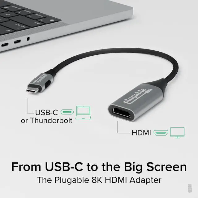 Alt view image 2 of 5 - Plugable USB C to HDMI Adapter, 8K 60Hz or 4K 144Hz, USB4 / Thunderbolt to HDMI Adapter for 4K HDR Monitor, XPS, iPhone 15, iPad Pro, Macbook Pro, Mac Resolution up to 4K 60Hz (USBC-HDMI8K)