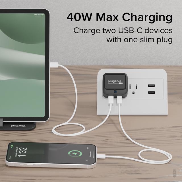 Alt view image 2 of 7 - Plugable Dual USB C Wall Charger, 40W Foldable 2-Port Flat USB C Fast Charger Block, USB-C Power Adapter for iPhone 15, iPad, AirPods, Samsung Galaxy, Pixel (PS-40C2B) Black