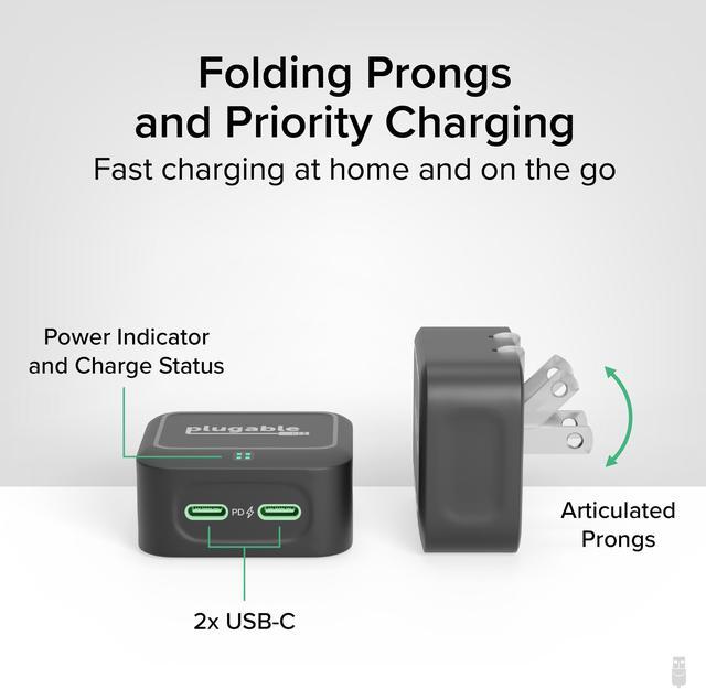 Alt view image 3 of 7 - Plugable Dual USB C Wall Charger, 40W Foldable 2-Port Flat USB C Fast Charger Block, USB-C Power Adapter for iPhone 15, iPad, AirPods, Samsung Galaxy, Pixel (PS-40C2B) Black