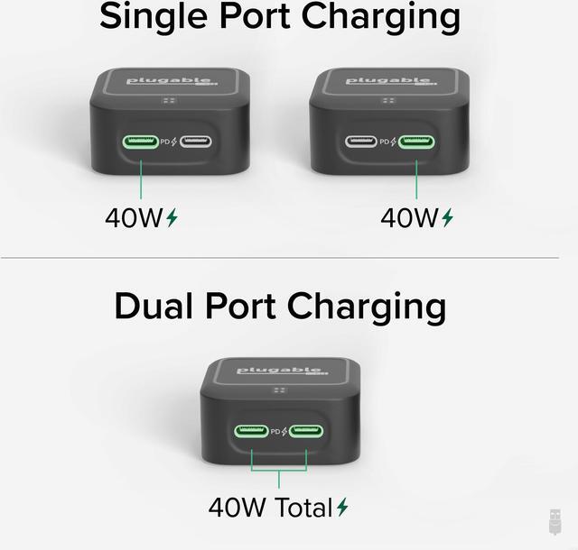 Alt view image 7 of 7 - Plugable Dual USB C Wall Charger, 40W Foldable 2-Port Flat USB C Fast Charger Block, USB-C Power Adapter for iPhone 15, iPad, AirPods, Samsung Galaxy, Pixel (PS-40C2B) Black