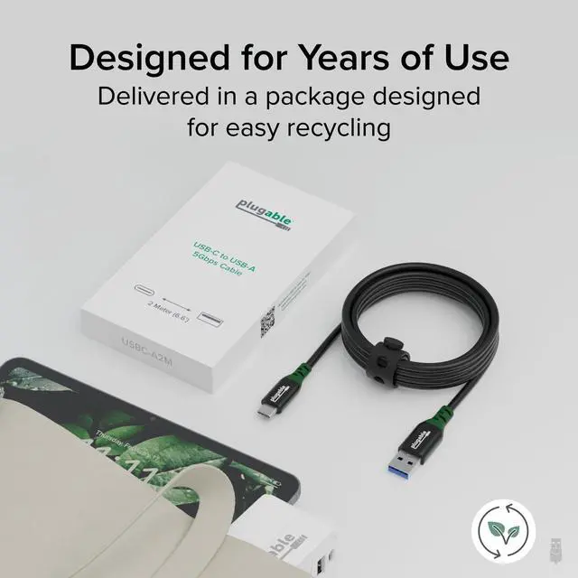 Alt view image 5 of 5 - Plugable USB C to USB A Cable, USB 3.2 Gen 2 USB Cables, 3A (15W) Charging USB C Data Cable 5Gbps for iPhone 15, iPad, Samsung Galaxy, Tablets, Laptops, 6 Feet with Cable Management Strap (USBC-A2M)