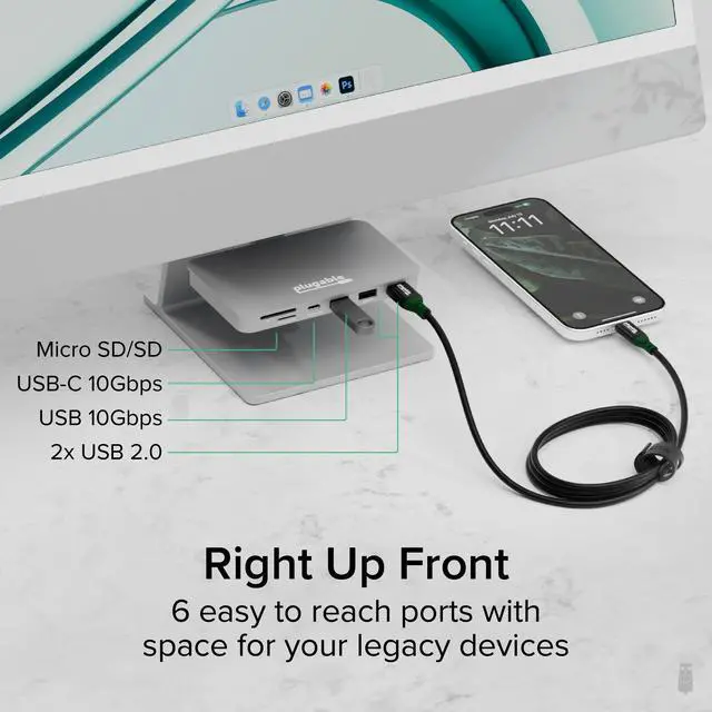 Alt view image 3 of 6 - Plugable USB C Hub for iMac 24 Inch, 6-in-1 iMac USB Hub Multiport Adapter with 10Gbps USB-C and USB 3.0, 2X USB 2.0, microSD & SD Card Reader (AD-6IN1)