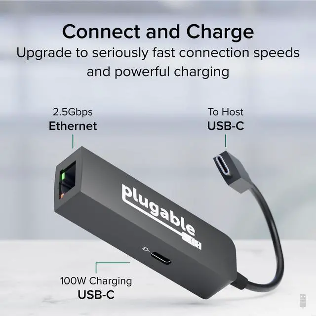 Alt view image 2 of 14 - Plugable USB C to Ethernet Adapter 2.5Gb with 100W USB-C PD Charging, 2.5 Gigabit Type C USB Ethernet Adapter for Windows, MacBook, Chrome, iPad, Surface, XPS, Thunderbolt 4, USB4 (USBC-E2500PD)