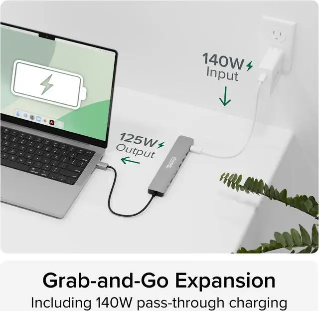 Alt view image 5 of 14 - Plugable USB C Hub Multiport Adapter (9-in-1) 140W Power Delivery Charging, 4K 60Hz HDMI, 10Gbps USB-C and USB-A, Ethernet, SD | For USBC, USB4, Thunderbolt MacBook, Windows, Chromebook (USBC-9IN1E)