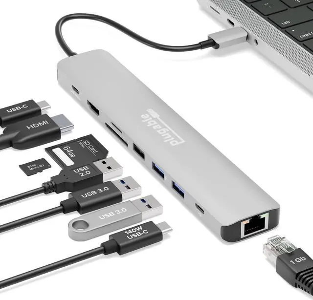 Main image of Plugable USB C Hub Multiport Adapter (9-in-1) 140W Power Delivery Charging, 4K 60Hz HDMI, 10Gbps USB-C and USB-A, Ethernet, SD | For USBC, USB4, Thunderbolt MacBook, Windows, Chromebook (USBC-9IN1E)
