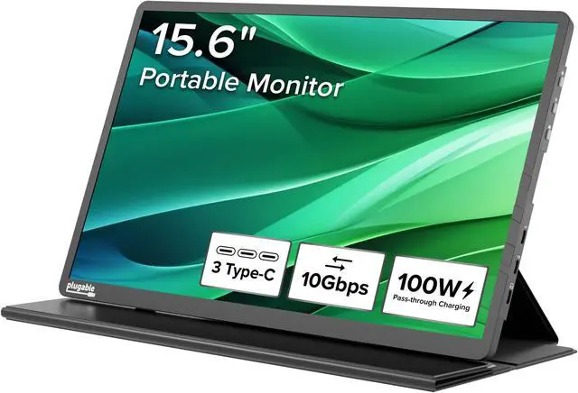 Main image of Plugable USB C Portable Monitor 15.6 Inch, 100W Pass-Through Charging for Your Laptop Smartphone Tablet, 3x USB-C 10Gbps Hub FHD 1920x1080 IPS Travel Display 1.85lbs, Protective Case/Stand, USBC-PDMON