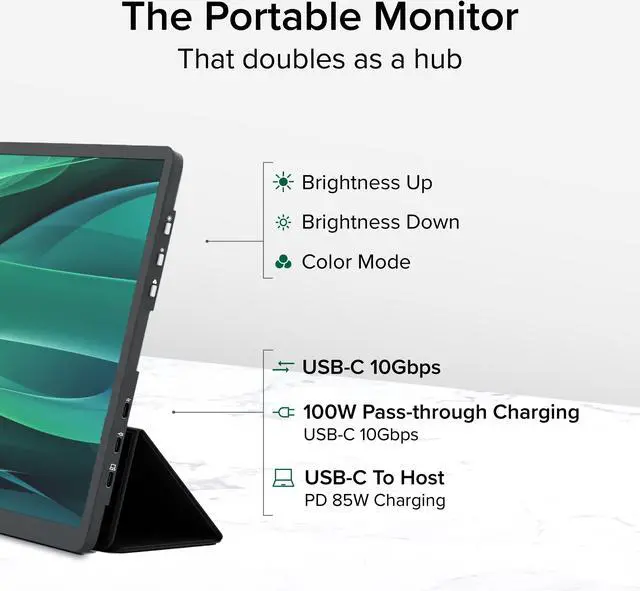 Alt view image 2 of 14 - Plugable USB C Portable Monitor 15.6 Inch, 100W Pass-Through Charging for Your Laptop Smartphone Tablet, 3x USB-C 10Gbps Hub FHD 1920x1080 IPS Travel Display 1.85lbs, Protective Case/Stand, USBC-PDMON