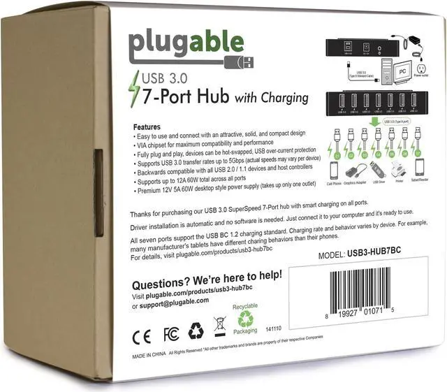 Alt view image 6 of 8 - Plugable USB Hub with Charging - USB 3.0, 7-Port, 60W
