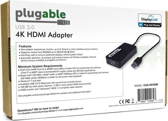 Alt view image 4 of 10 - Plugable USB 3.0 to HDMI 4K UHD Video Graphics Adapter for Multiple Monitors up to 3840x2160 Supports Windows 10, 8.1, 7, and Mac 10.14+