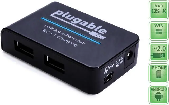 Alt view image 6 of 9 - Plugable USB 2.0 4-Port High Speed Hub with 12.5W Power Adapter.