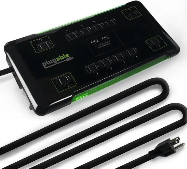 Alt view image 4 of 9 - Plugable Surge Protector Power Strip with USB and 12 AC Outlets, Built-in 10.5W 2-Port USB Charger for Android, Apple iOS, and Windows Mobile Devices, 25 Foot Extension Cord