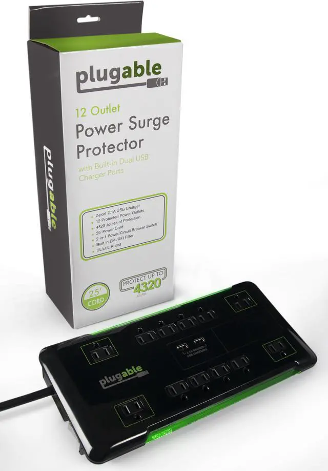 Alt view image 5 of 9 - Plugable Surge Protector Power Strip with USB and 12 AC Outlets, Built-in 10.5W 2-Port USB Charger for Android, Apple iOS, and Windows Mobile Devices, 25 Foot Extension Cord