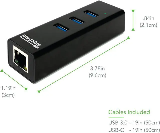 Alt view image 5 of 18 - Plugable USB Hub with Ethernet, 3 port USB 3.0 Bus Powered Hub with Gigabit Ethernet Compatible with Windows, MacBook, Linux, Chrome OS, Includes USB C and USB 3.0 Cables