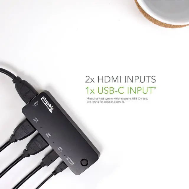 Alt view image 5 of 7 - Plugable HDMI 2.0 and USB-C 3 Port Switch with 2 HDMI and 1 USB-C Inputs and Single HDMI 2.0 Output (Supports 2x HDMI 2.0 4K@60Hz Sources and 1x USB C or Thunderbolt 3 Source)