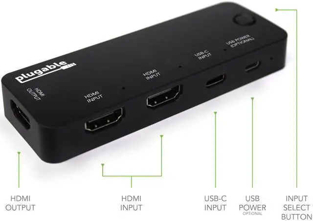 Alt view image 2 of 7 - Plugable HDMI 2.0 and USB-C 3 Port Switch with 2 HDMI and 1 USB-C Inputs and Single HDMI 2.0 Output (Supports 2x HDMI 2.0 4K@60Hz Sources and 1x USB C or Thunderbolt 3 Source)
