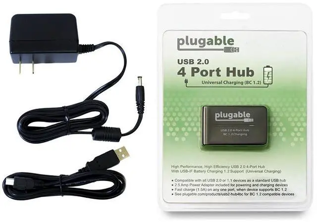 Alt view image 7 of 9 - Plugable USB 2.0 4-Port High Speed Hub with 12.5W Power Adapter.