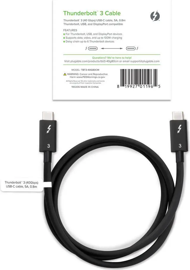 Alt view image 6 of 7 - Plugable Thunderbolt 3 Cable 40Gbps Supports 100W (20V, 5A) Charging, 2.6ft / 0.8m USB C Compatible [Thunderbolt 3 Certified] - Driverless