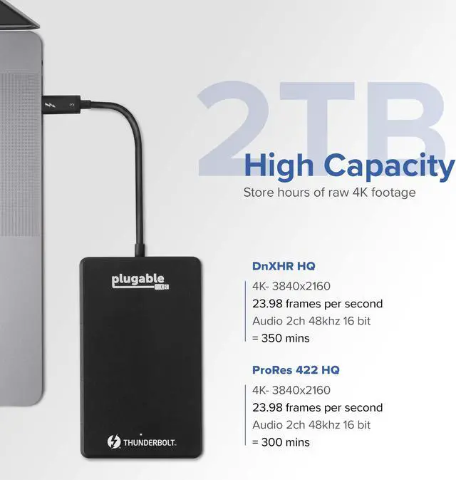 Alt view image 4 of 16 - Plugable 2TB Thunderbolt 3 External SSD NVMe Drive (Up to 2400MBs/1800MBs R/W)