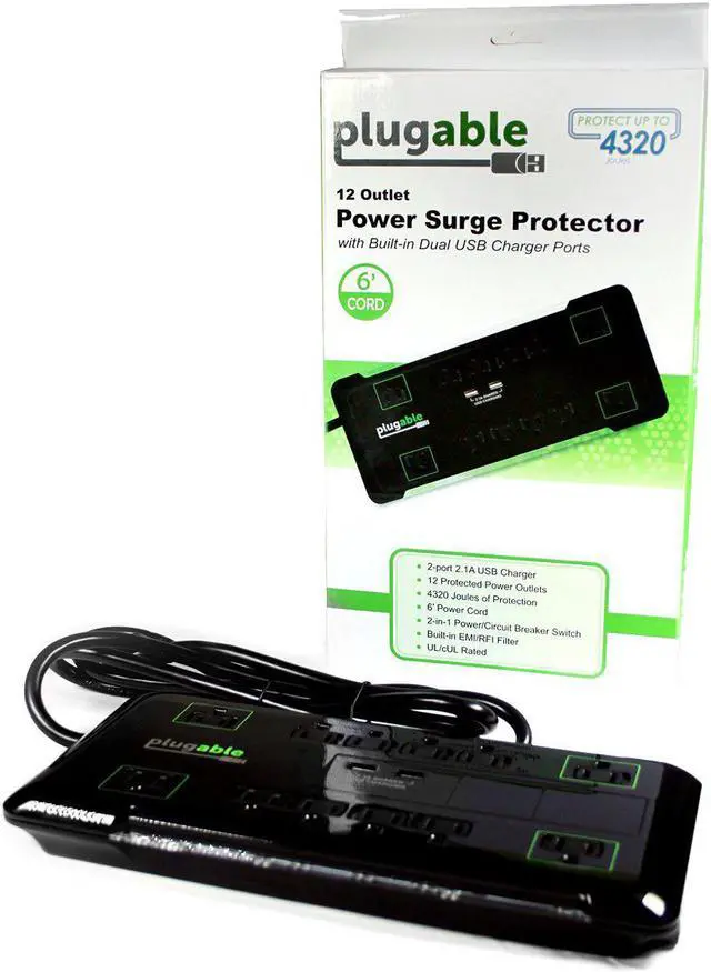 Alt view image 5 of 19 - Plugable Surge Protector Power Strip - 12-Outlet, 2-Port USB, 6ft (1.8m)
