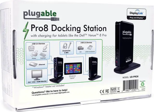 Alt view image 6 of 6 - Plugable Pro8 Charging & USB Docking Station for Select Windows Tablets - Simultaneously Charges & Adds Extended Display Output, 3.5mm Audio in/Out, 10/100 Ethernet, and 4 2.0 USB Ports