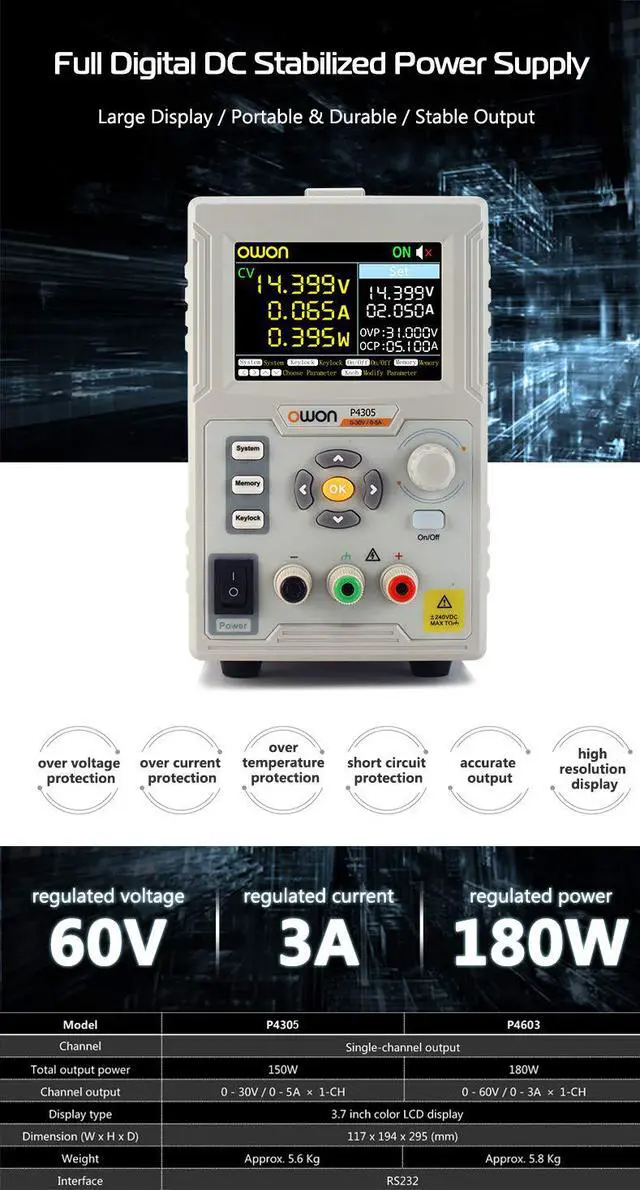 Alt view image 5 of 5 - OWON P4305 30V 5A Single Channel Linear DC Power Supply for SCPI and Labview RS232 AC100-240V