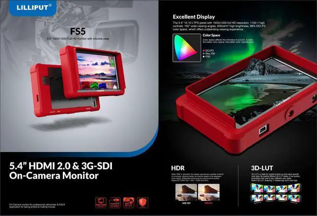 Alt view image 3 of 10 - LILLIPUT On-Camera Monitor FS5 5.4 inch 60HZ 4K HDMI 2.0 3G 3D-LUT Waveform SDI Video Assist 1920x1200 Full HD with Silicone Case